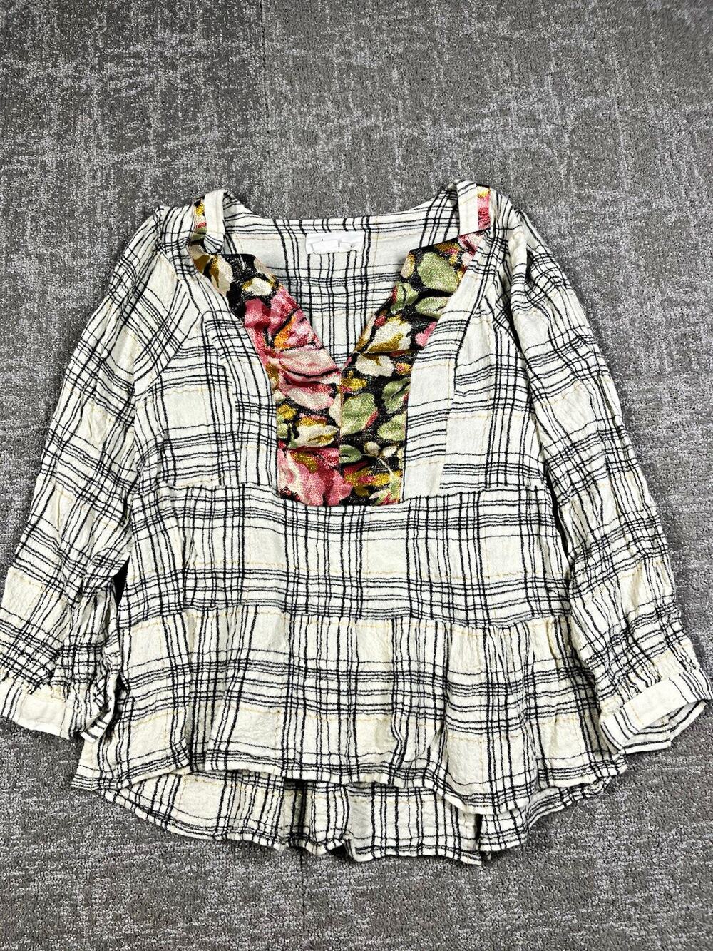 Anthropologie Darlene Metallic Plaid Floral Peasant Blouse Top Size Large